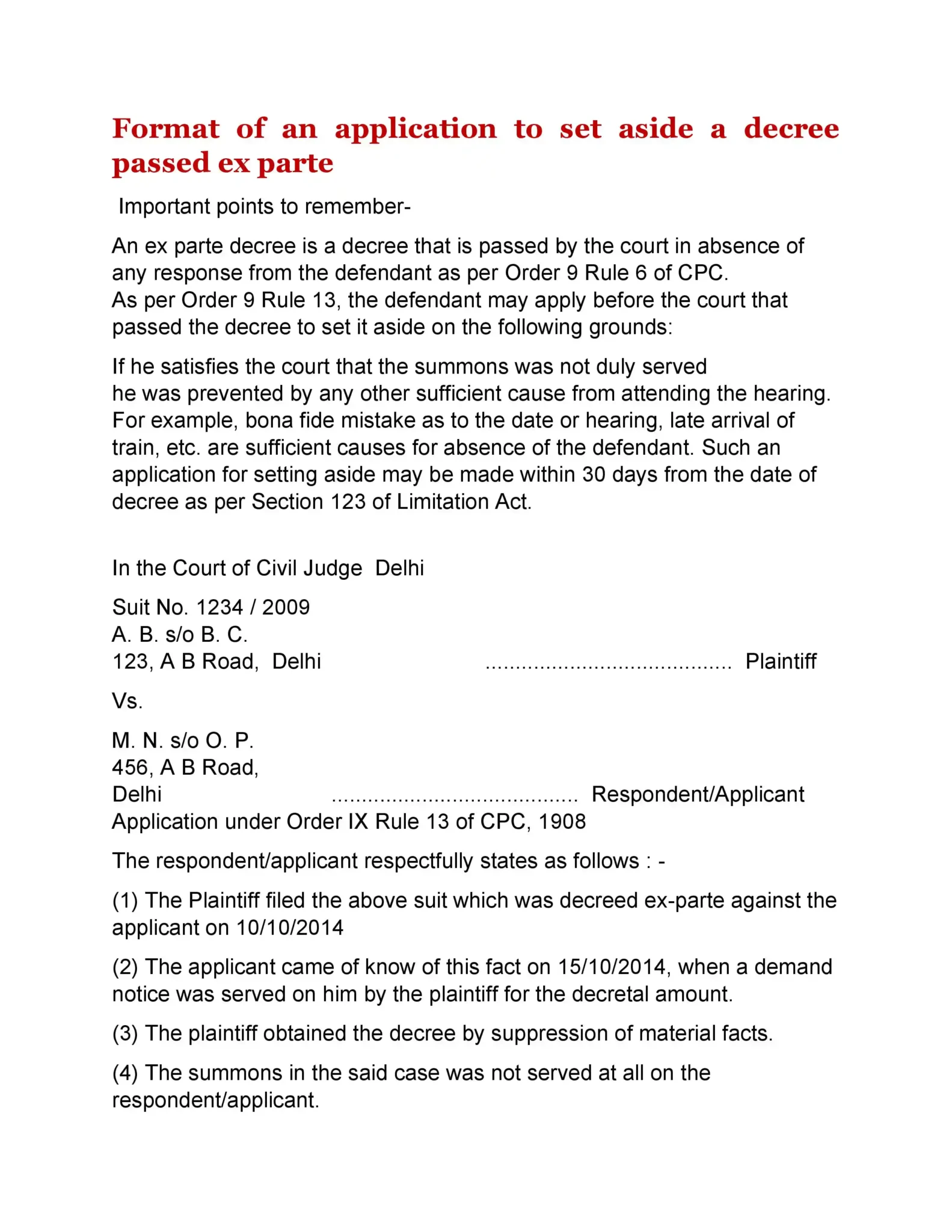 Format of an application to set aside a decree passed ex parte_1