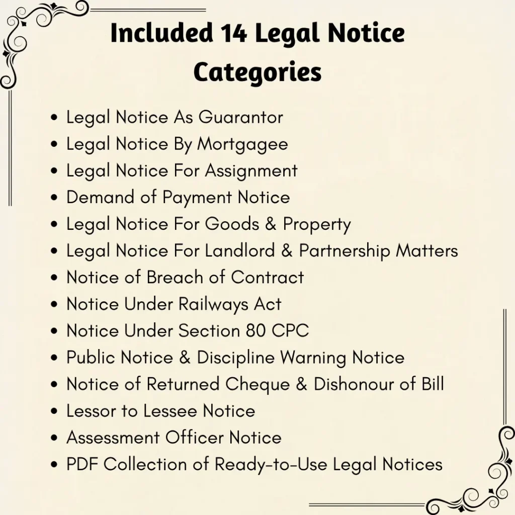 Legal Notice As Guarantor Legal Notice By Mortgagee Legal Notice For Assignment Demand of Payment Notice Legal Notice For Goods & Property Legal Notice For Landlord & Partnership Matters Notice of